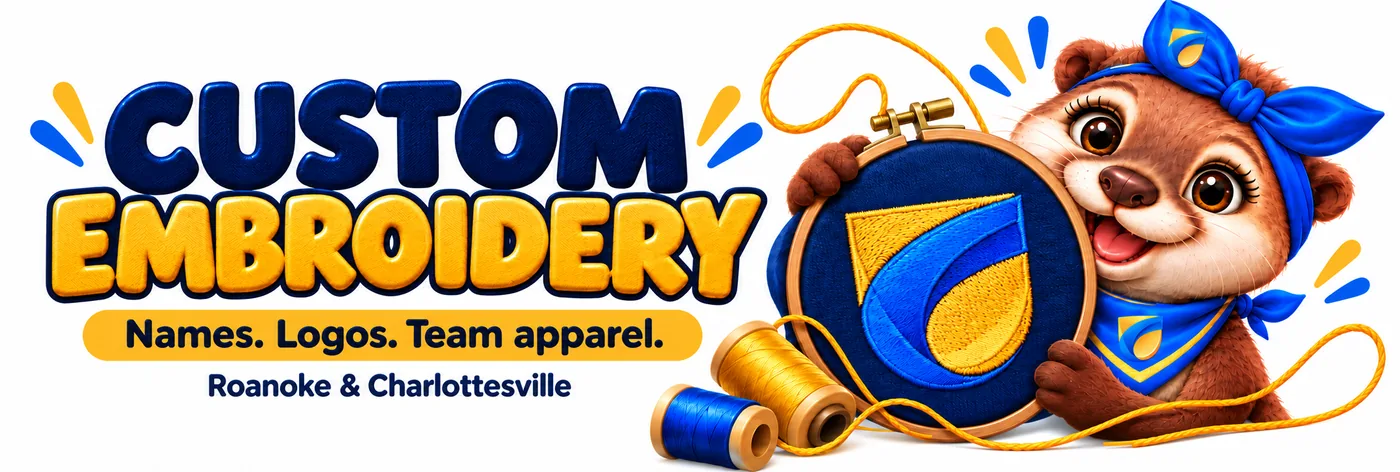 Uniform Country custom embroidery: names, logos and team apparel in Roanoke and Charlottesville, illustrated with Piper and a stitched shield.