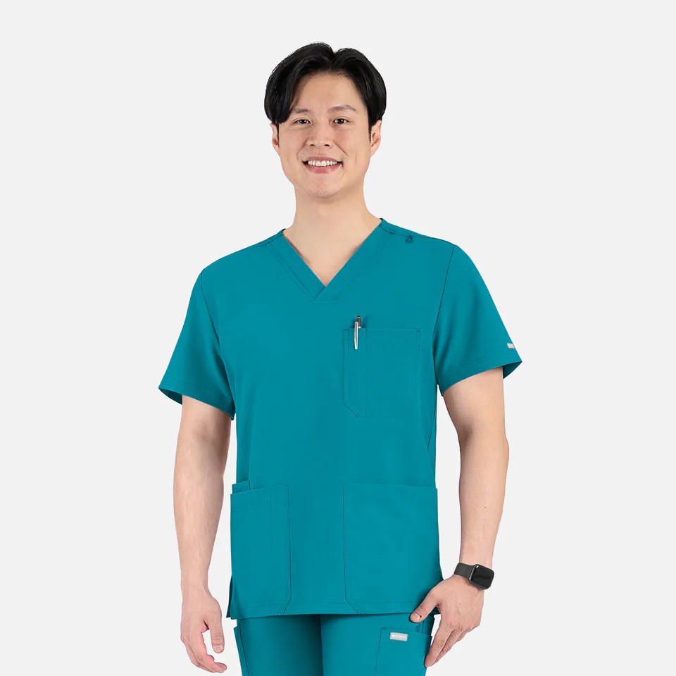Men's 4 Pocket Banded V-Neck Top in Teal