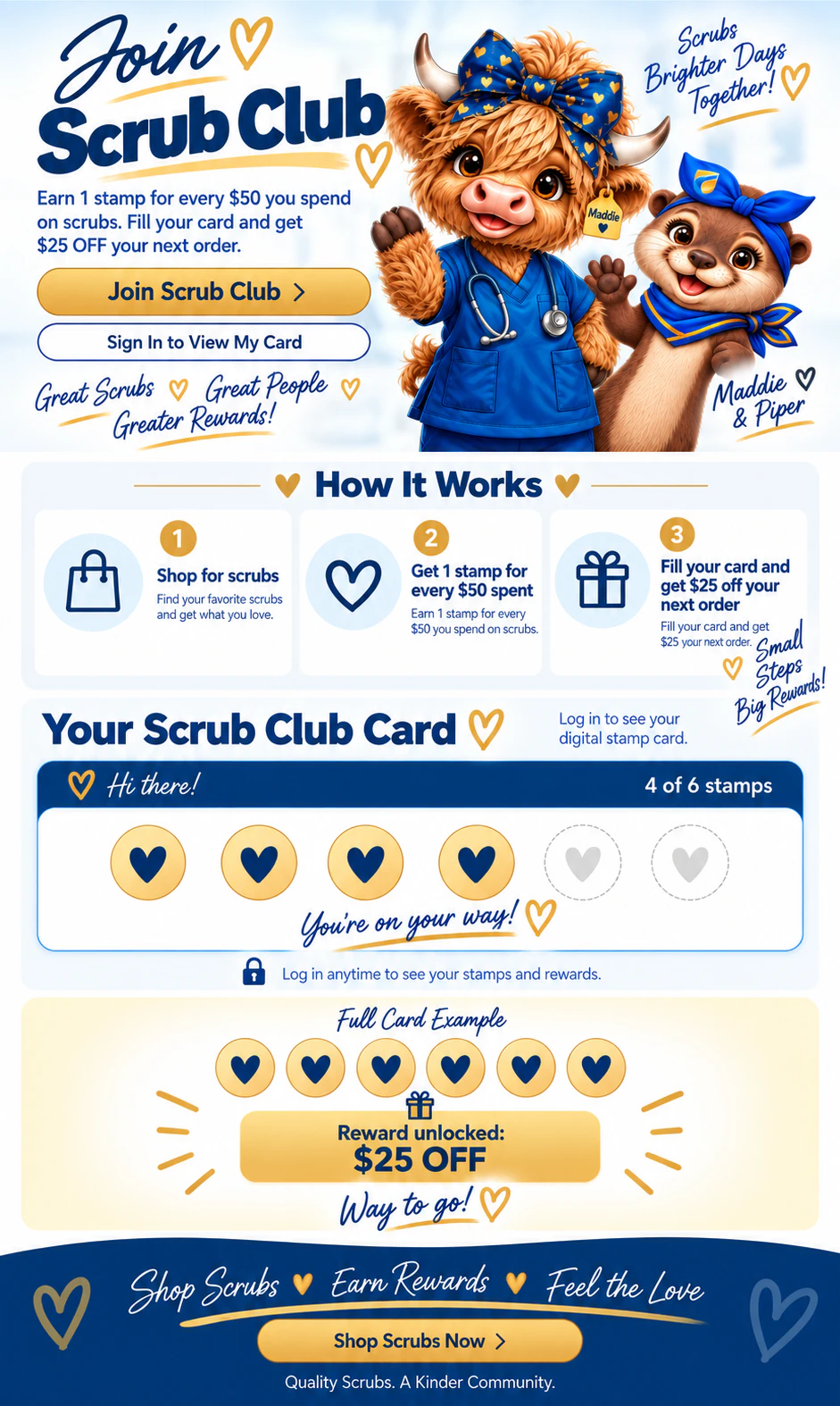 Uniform Country Scrub Club page featuring Maddie and Piper, three reward steps, a six-stamp card, and a $25 reward