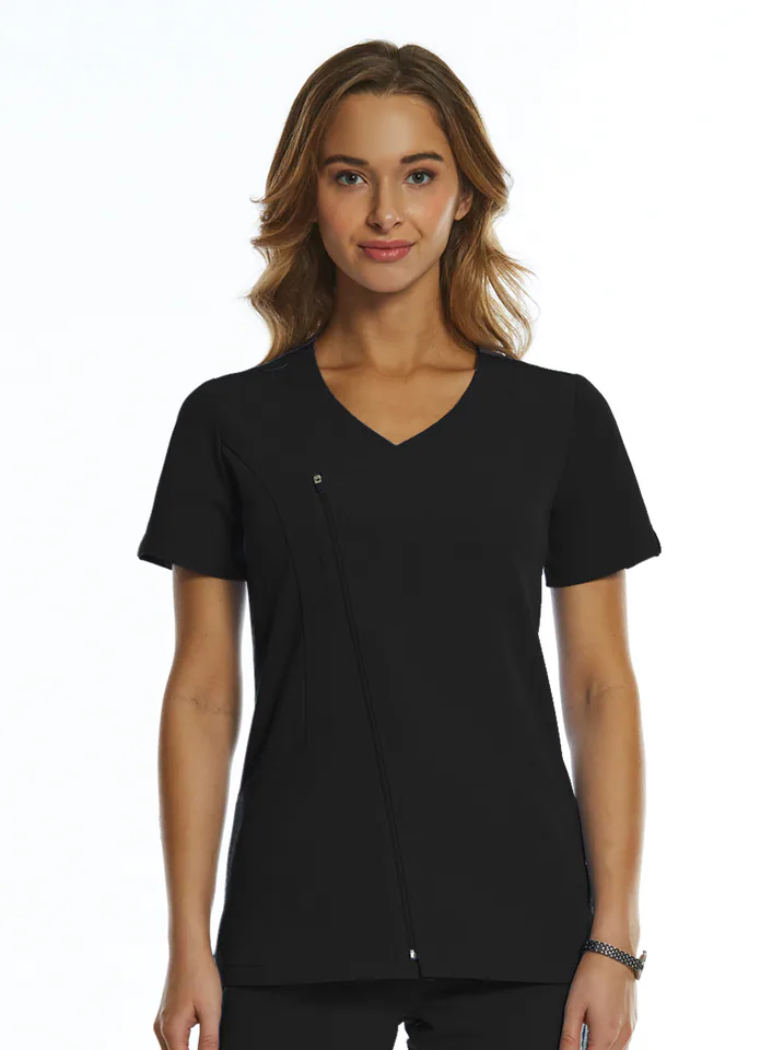 Womens Dressy Asymmetrical Zipper Top in Black
